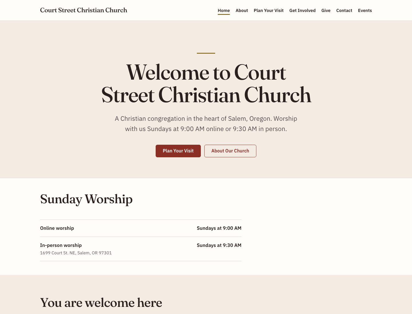The Court Street Christian Church homepage: a welcome banner, Sunday worship times and ways to connect.
